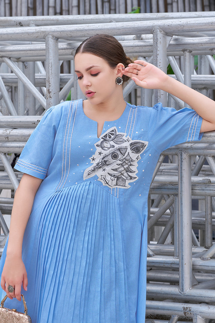 Hand-Painted Blue Cotton A-Line Dress for Women