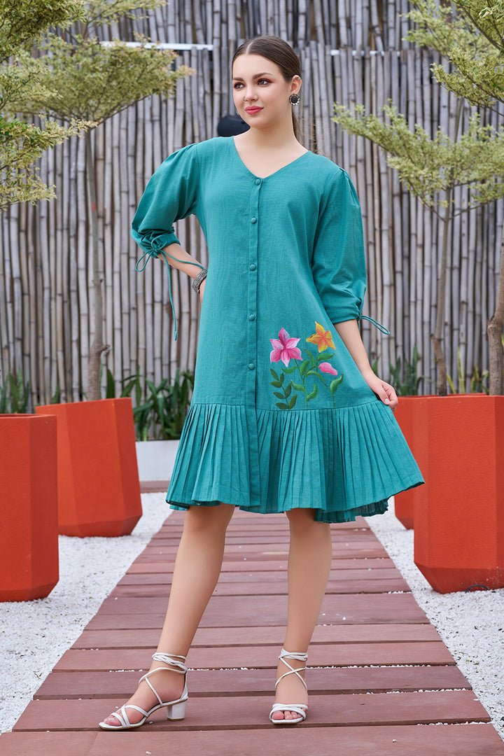 Jade Green Cotton Hand Printed V-Neck Dress