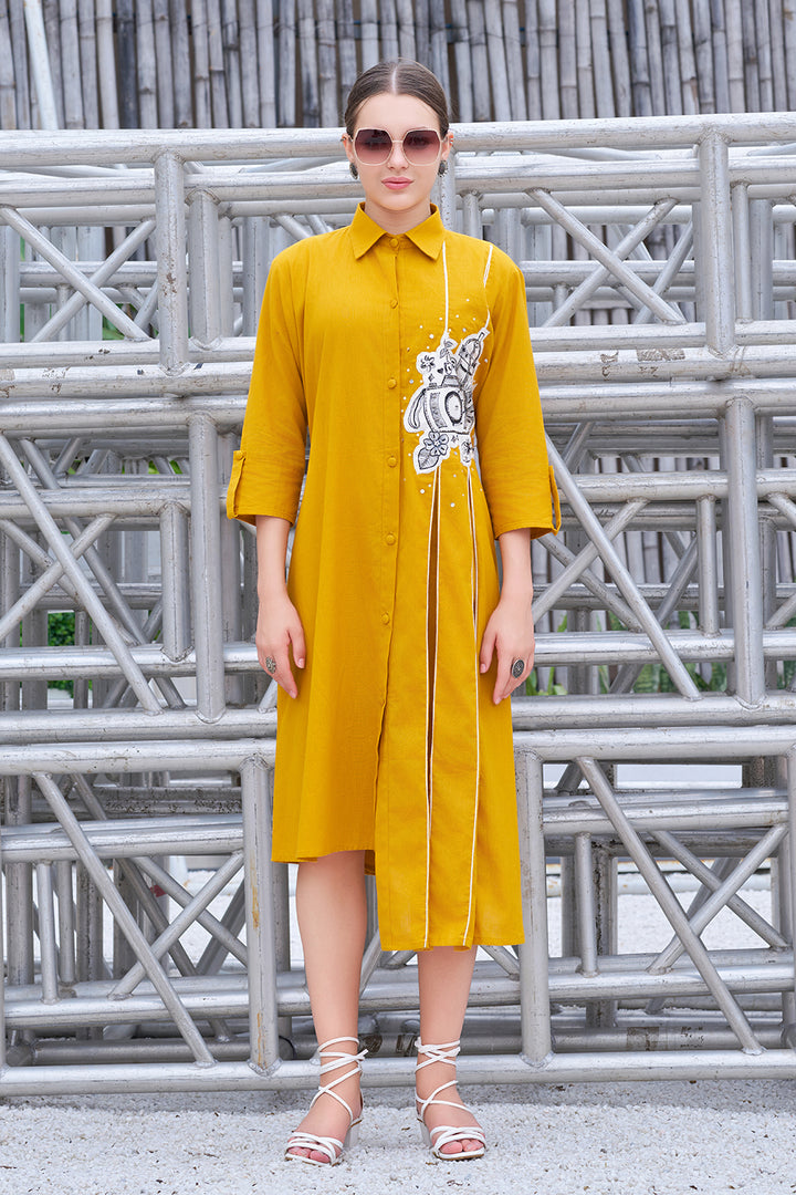 Hand-Painted Mustard Cotton Shirt Collar A-Line Flared Dress