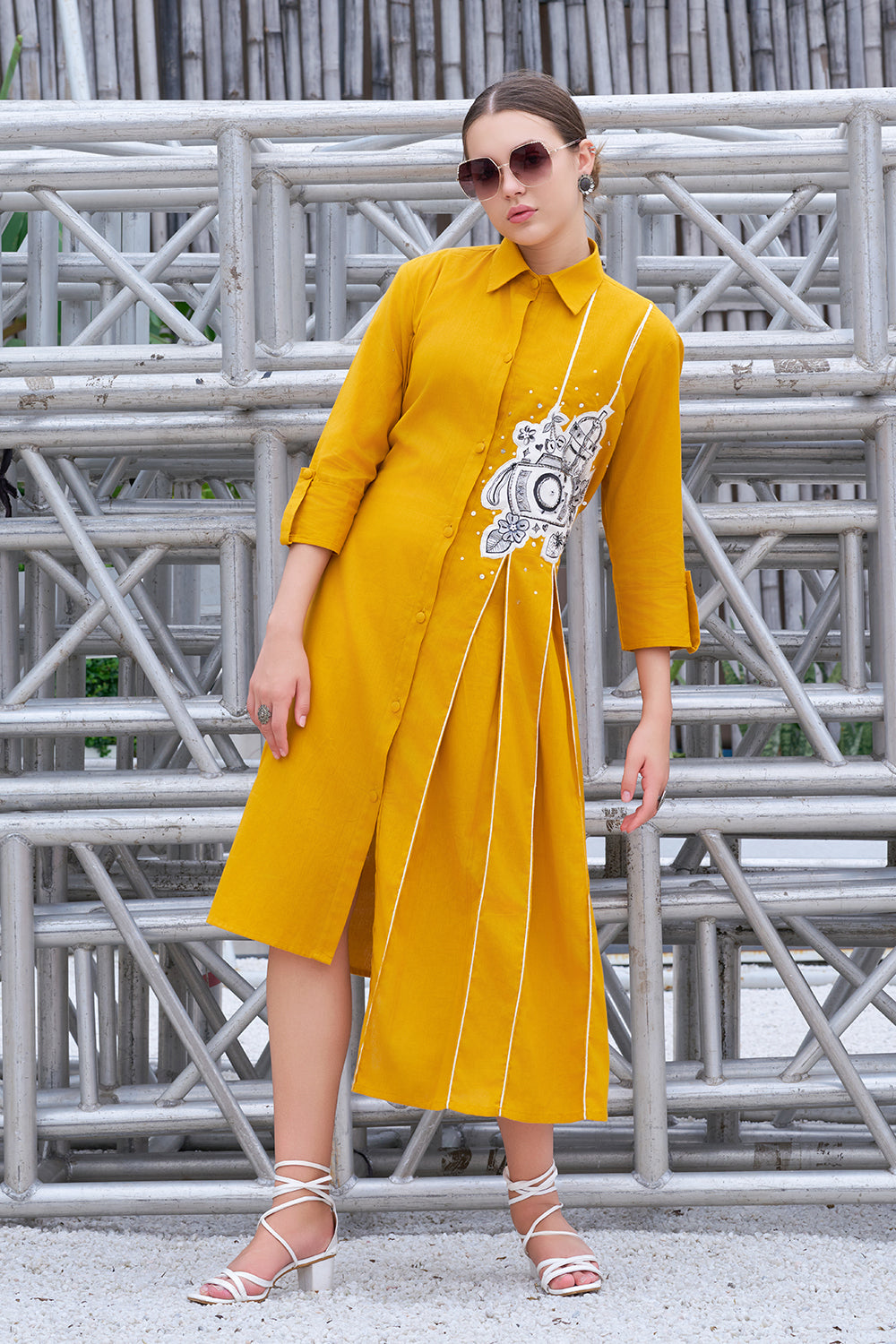 Hand-Painted Mustard Cotton Shirt Collar A-Line Flared Dress