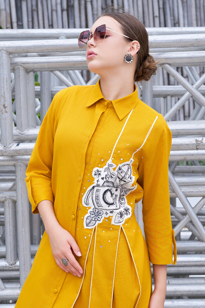 Hand-Painted Mustard Cotton Shirt Collar A-Line Flared Dress