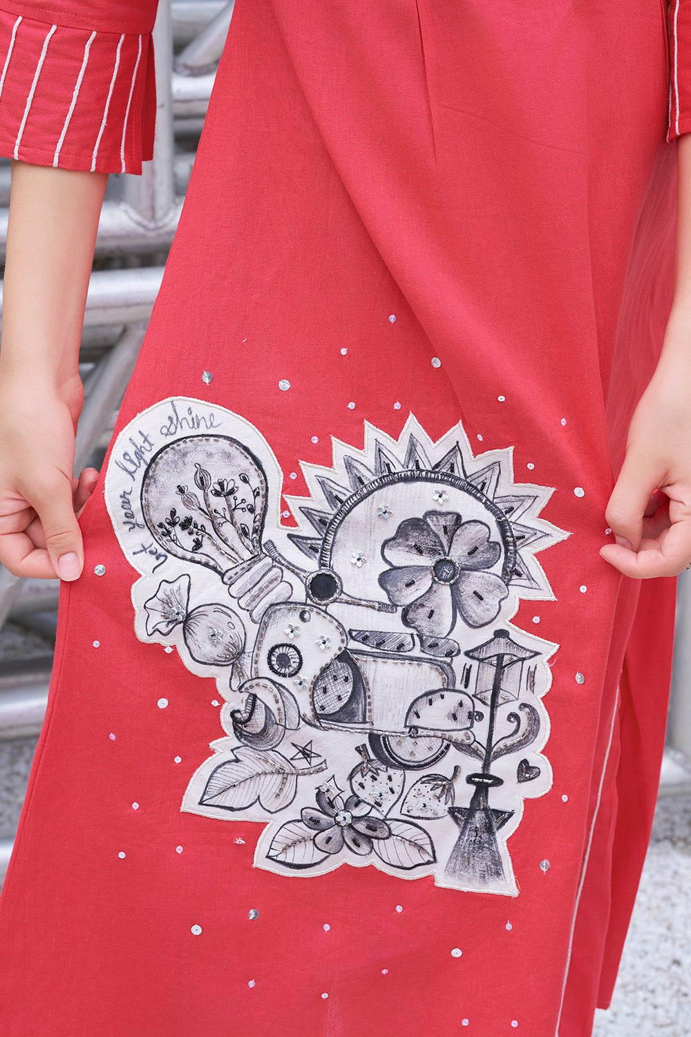 Hand-Painted Pink Cotton A-Line Dress