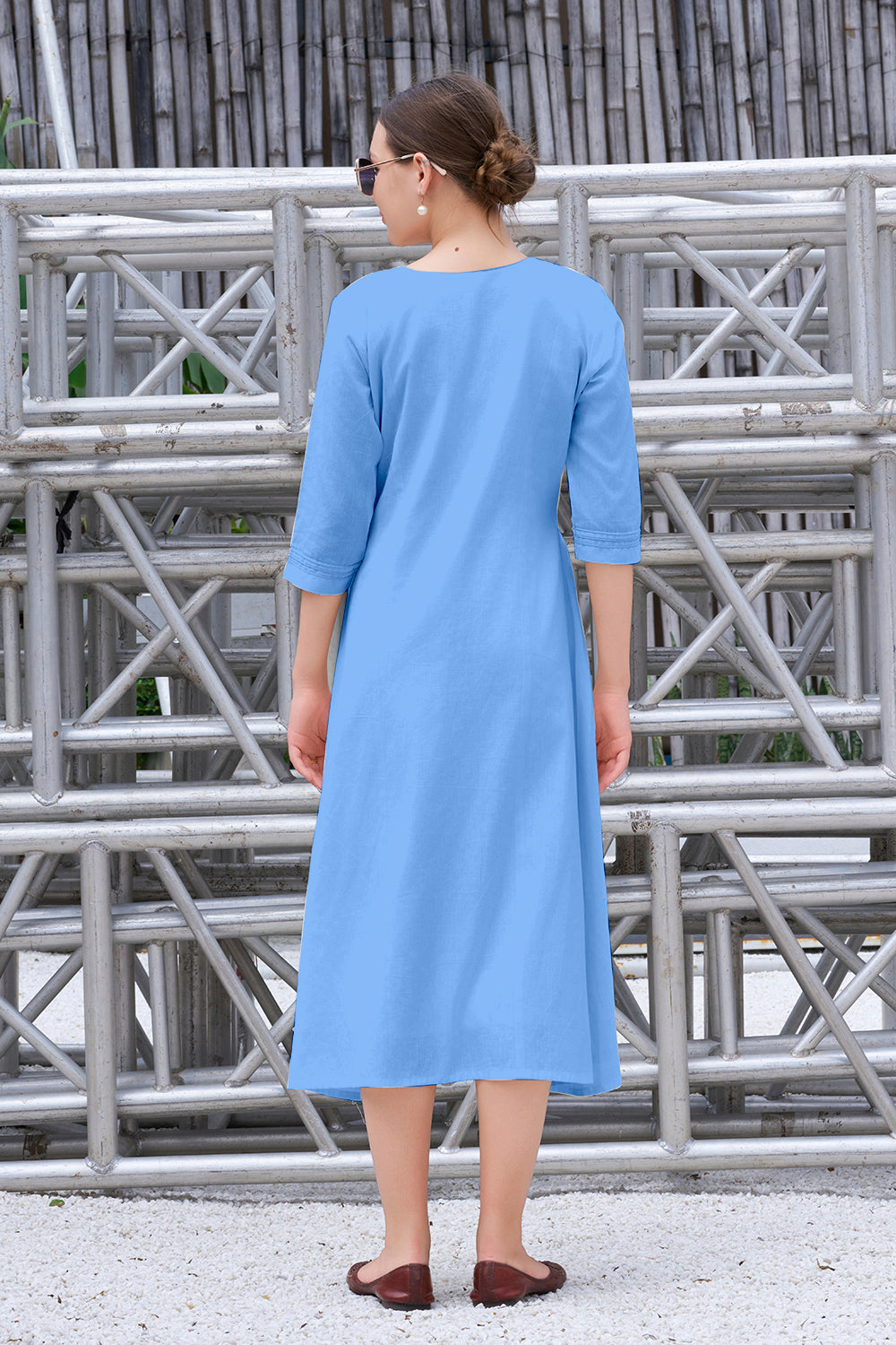 Hand-Painted Blue Cotton A-Line Dress for Women