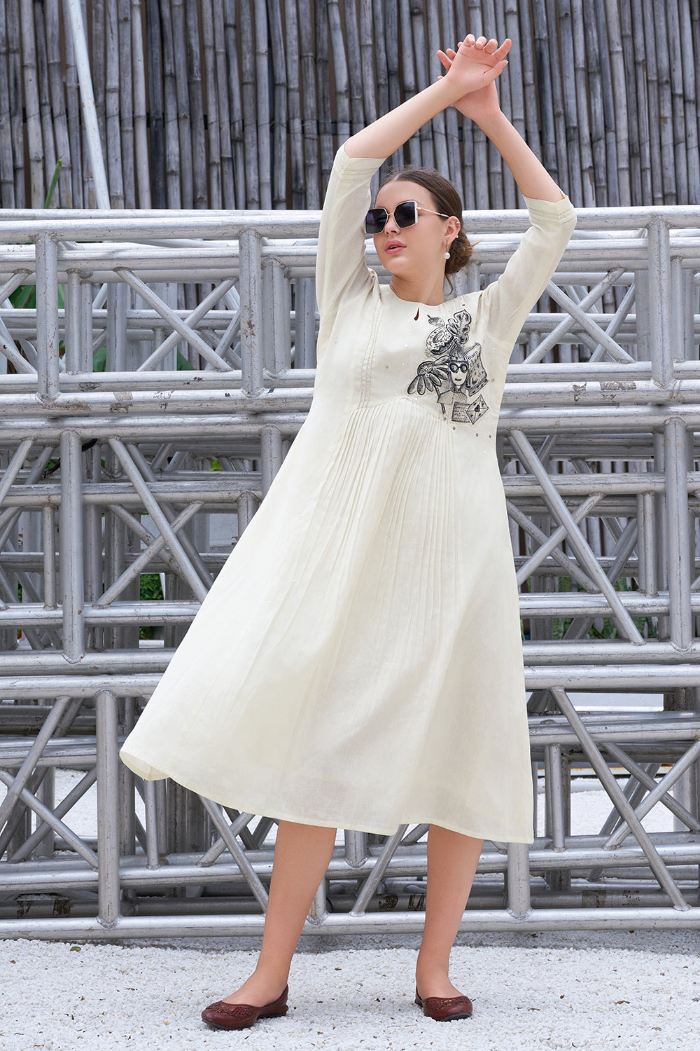 Hand-Painted Off White Cotton A-Line Dress for Women Hand-Painted Off White Cotton A-Line Dress for Women