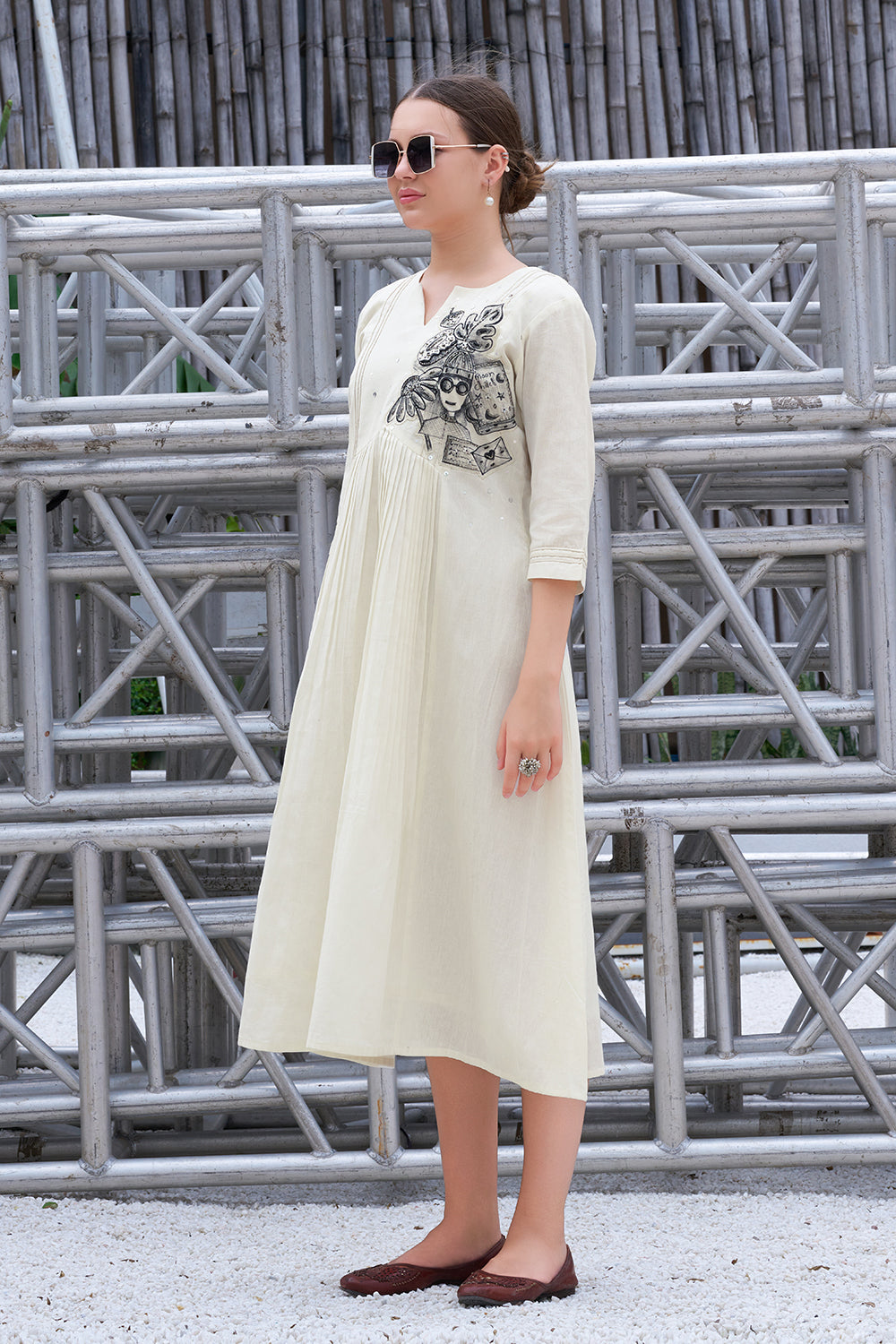 Hand-Painted Off White Cotton A-Line Dress for Women