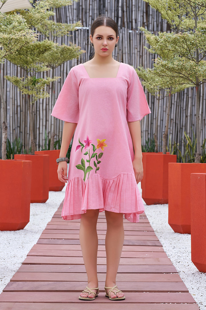 Pink Hand Painted Square Neck Cotton Dress