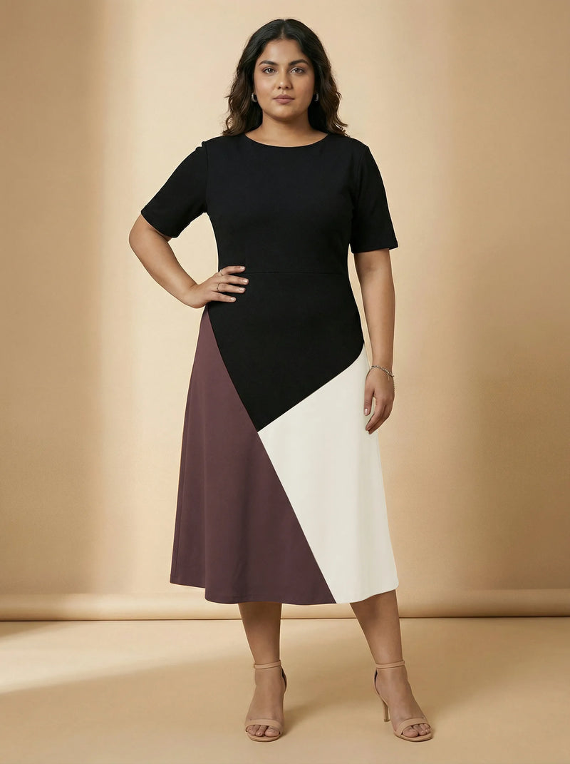 Black Colorblock A-Line Party Wear Dress