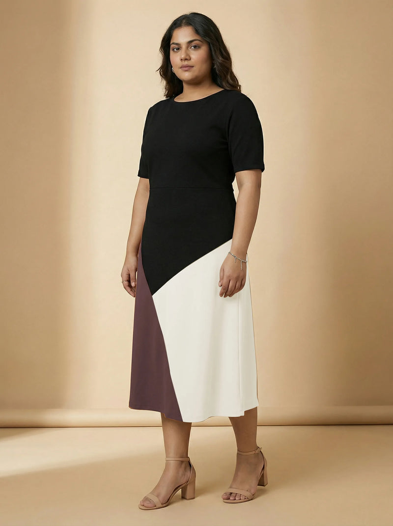 Black Colorblock A-Line Party Wear Dress