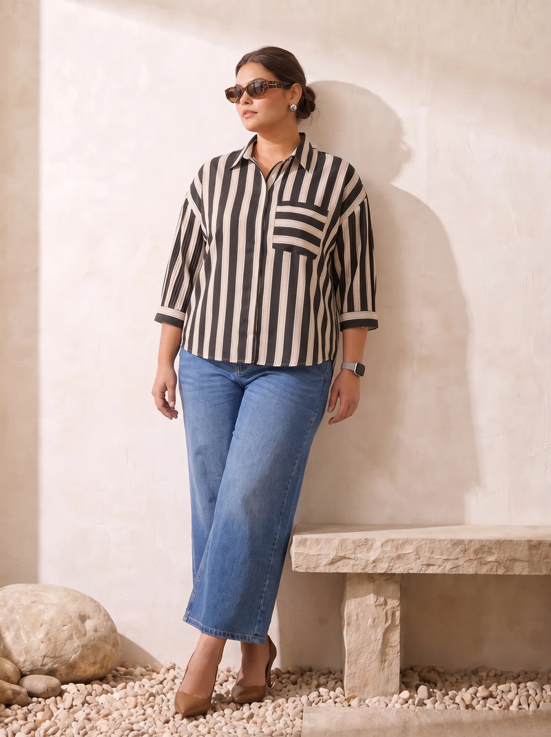 Black White Stripe Floral Back Print Top