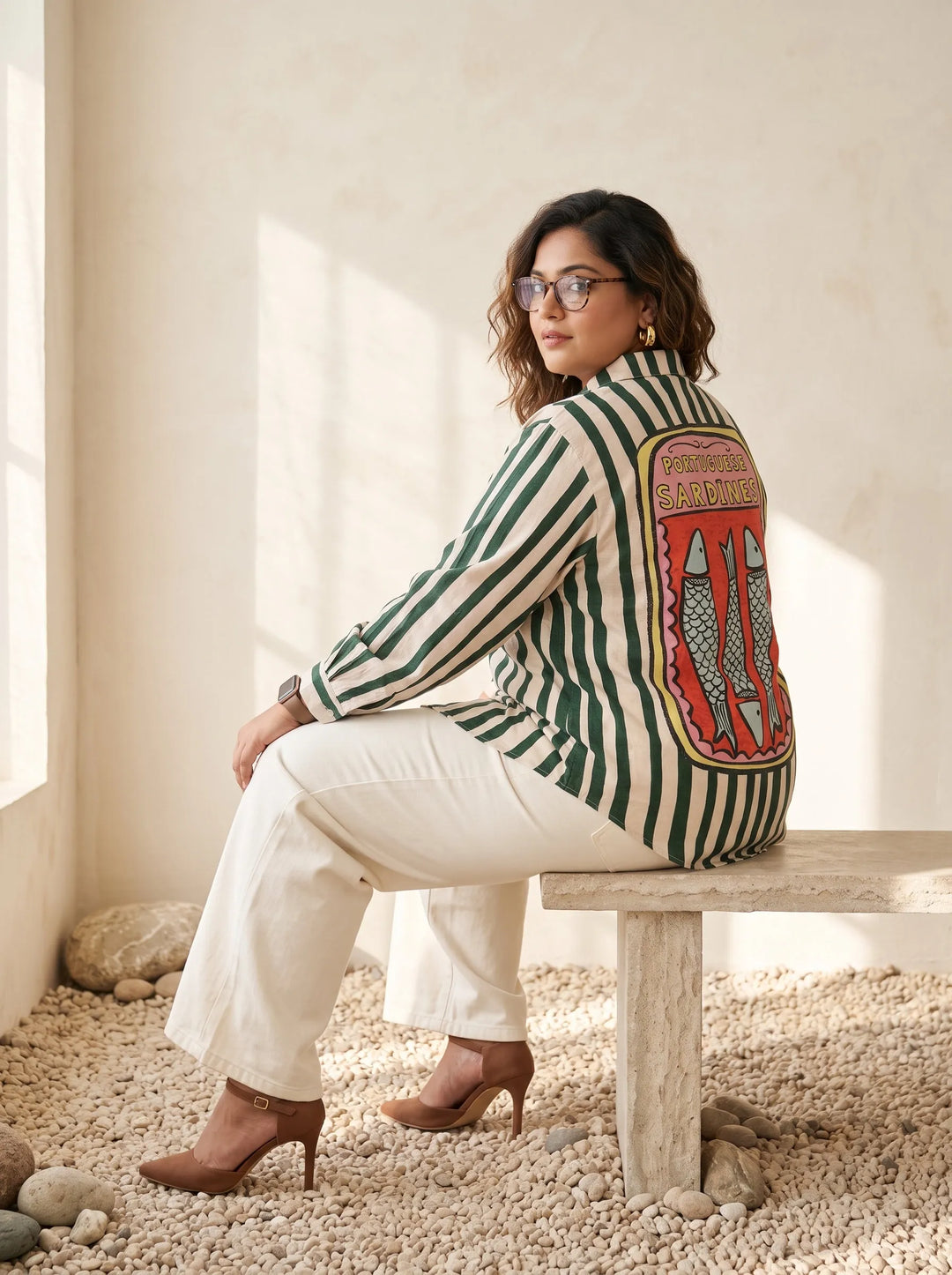 Green Striped Oversized Shirt Collar Top