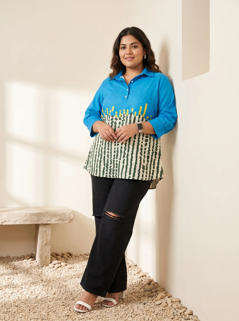 Blue Colour Block Dash Dot Print Top