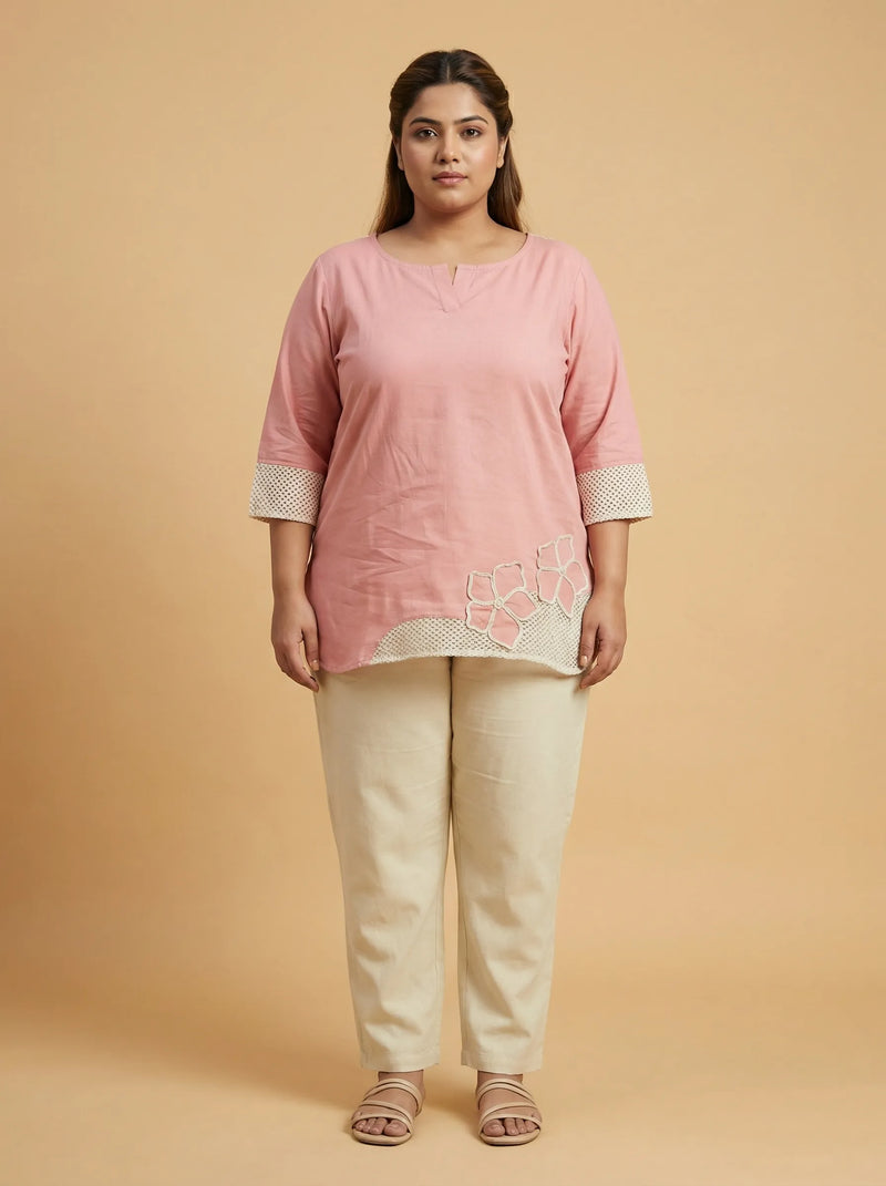 Peach Pink Floral Cord Work Cotton Top