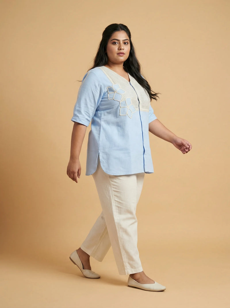 Sky Blue Pure Cotton Puffed Sleeve Top