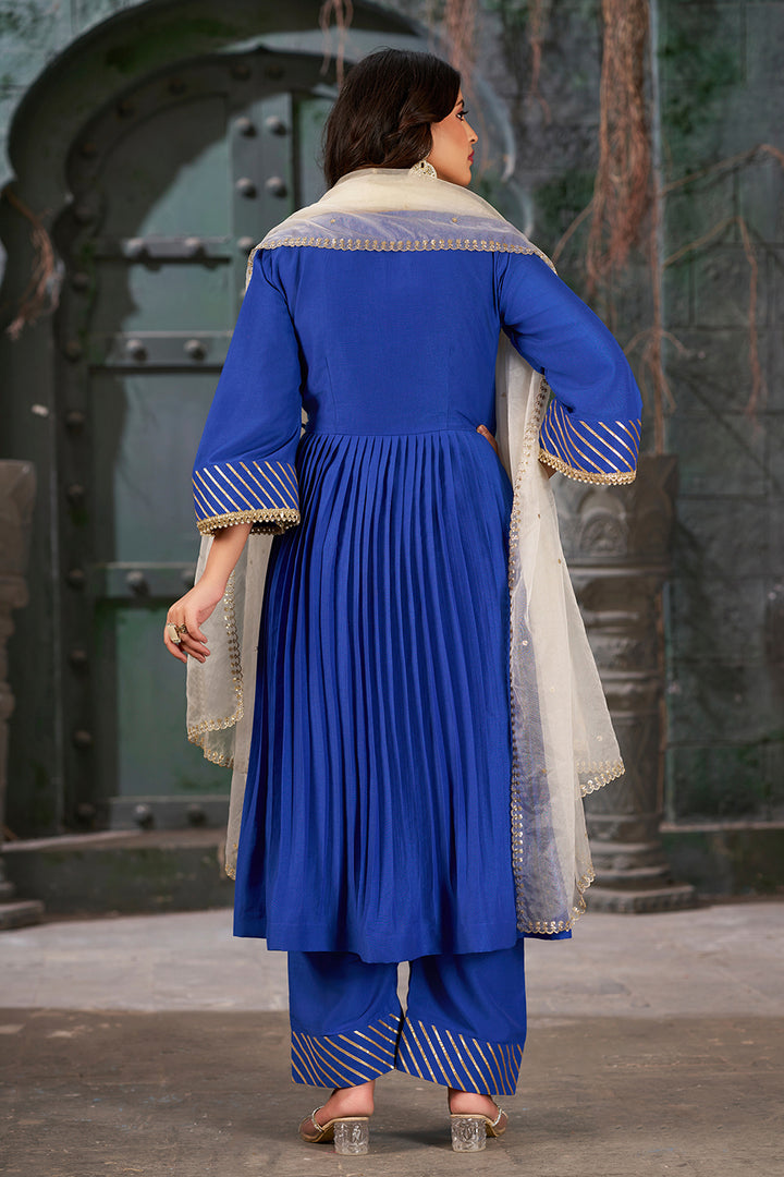 Azure Blue Art Silk Anarkali Kurta Set with Trousers and Dupatta