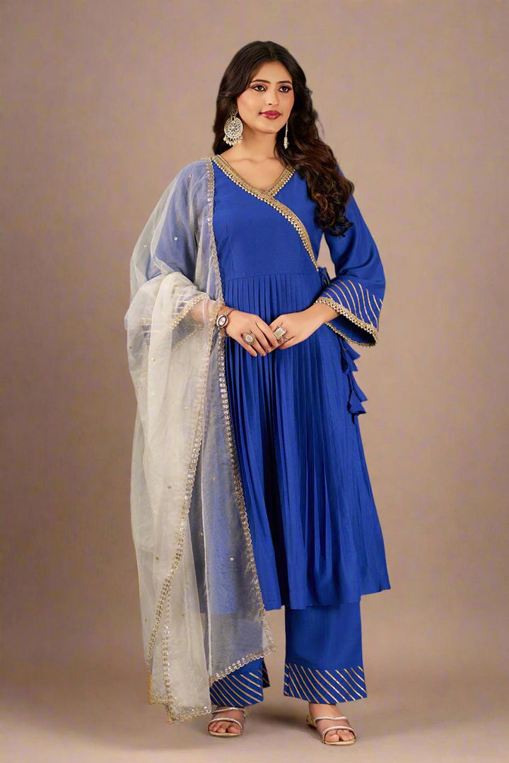 Azure Blue Art Silk Anarkali Kurta Set with Trousers and Dupatta