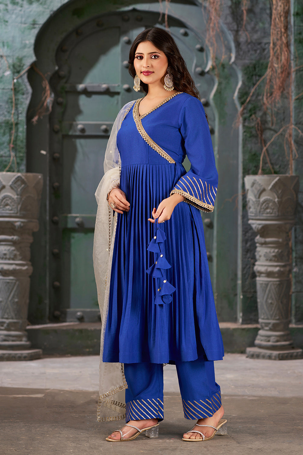 Azure Blue Art Silk Anarkali Kurta Set with Trousers and Dupatta