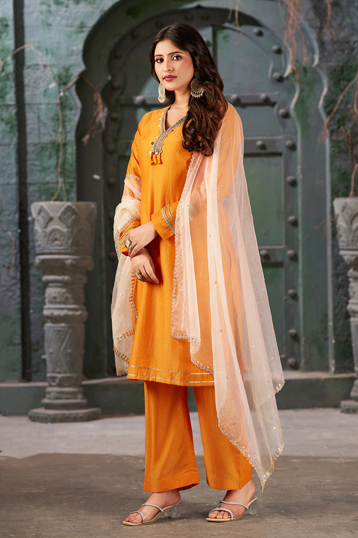 Orange Peel Straight Embroidered Kurta Set with Trousers and Dupatta