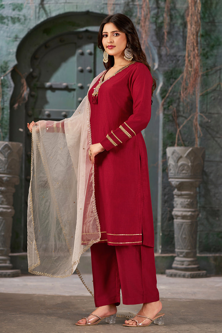 Maroon Straight Fit V-Neck Kurta Set with Trousers and Dupatta