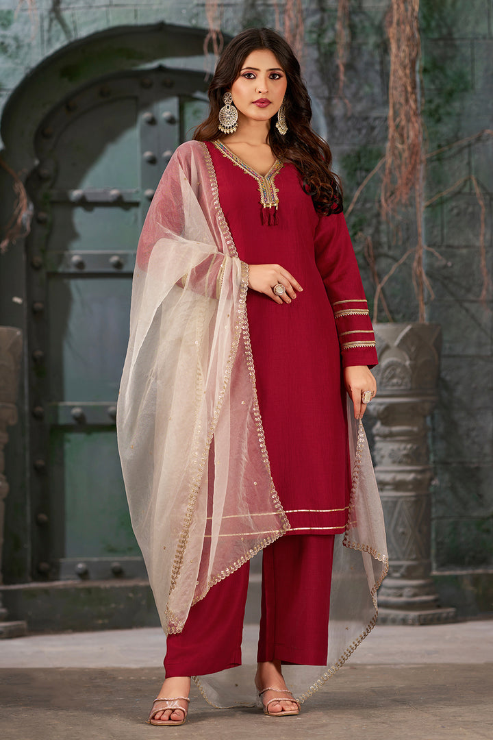 Maroon Straight Fit V-Neck Kurta Set with Trousers and Dupatta