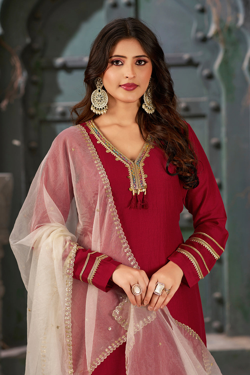 Maroon Straight Fit V-Neck Kurta Set with Trousers and Dupatta