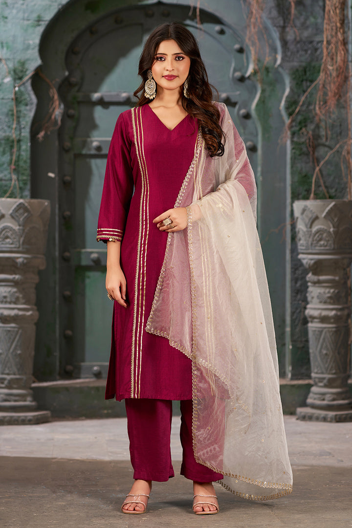 Wine Pink Straight Fit V-Neck Kurta Set with Trousers and Dupatta