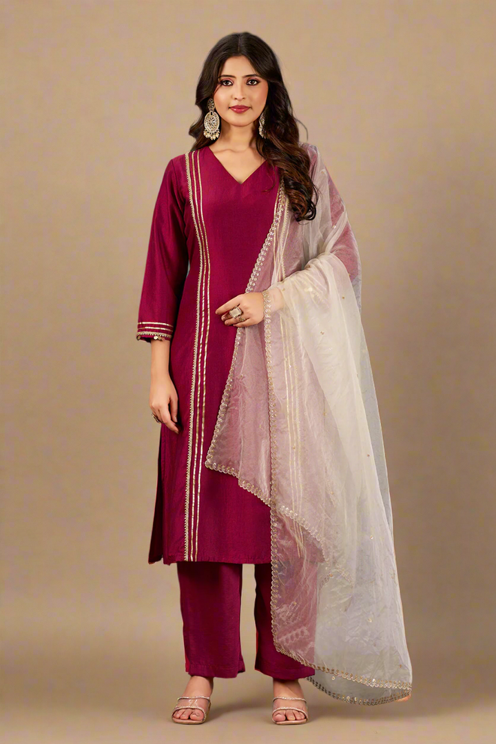 Wine Pink Straight Fit V-Neck Kurta Set with Trousers and Dupatta