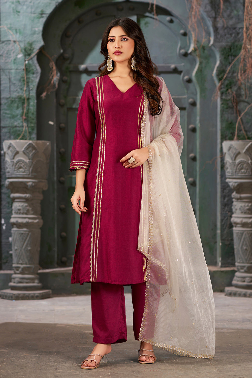 Wine Pink Straight Fit V-Neck Kurta Set with Trousers and Dupatta