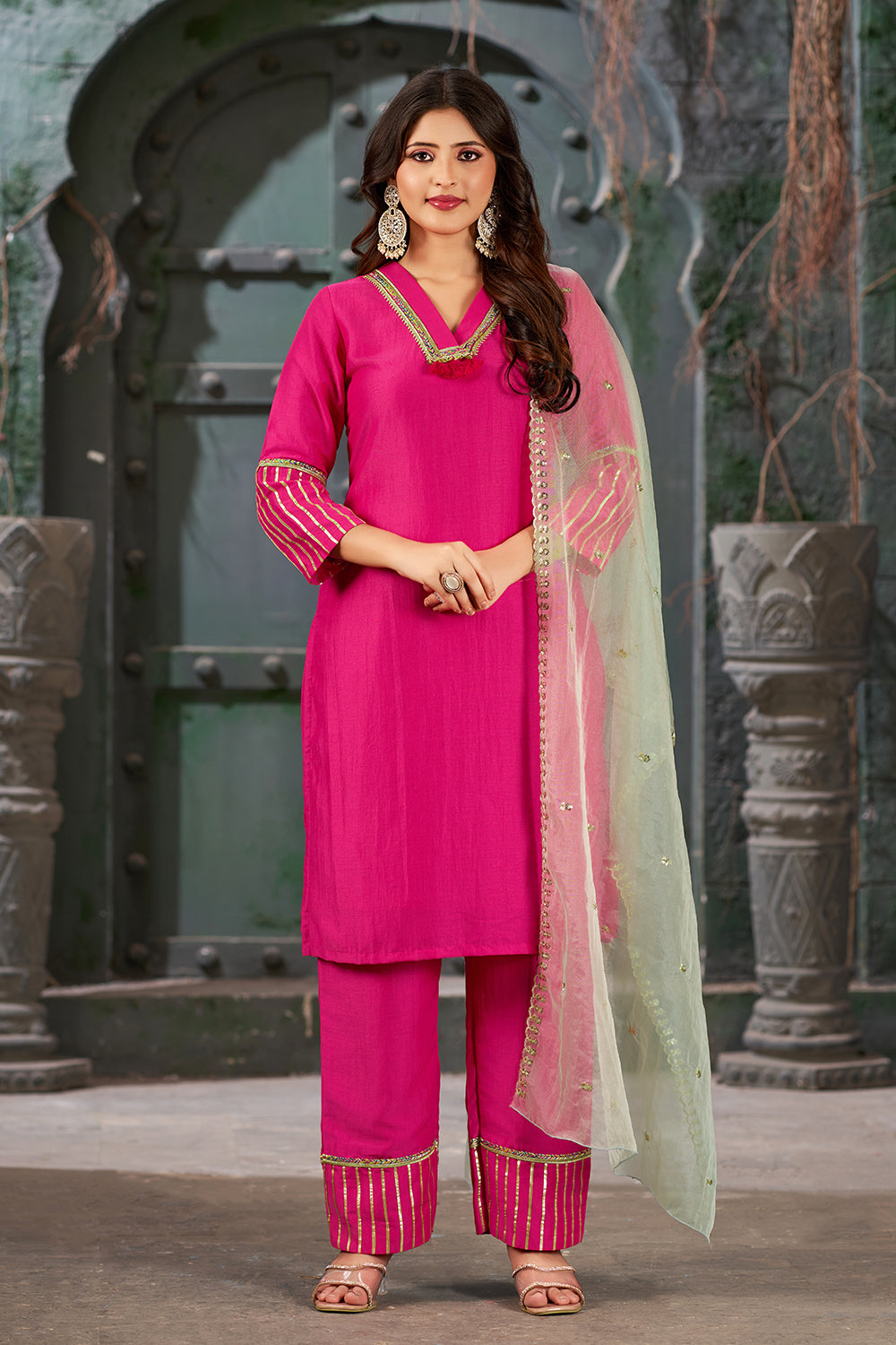 Hot Pink Straight Art Silk Kurta Set with Trousers and Dupatta