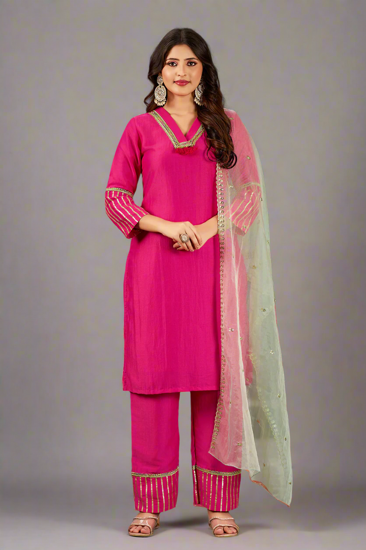 Hot Pink Straight Art Silk Kurta Set with Trousers and Dupatta