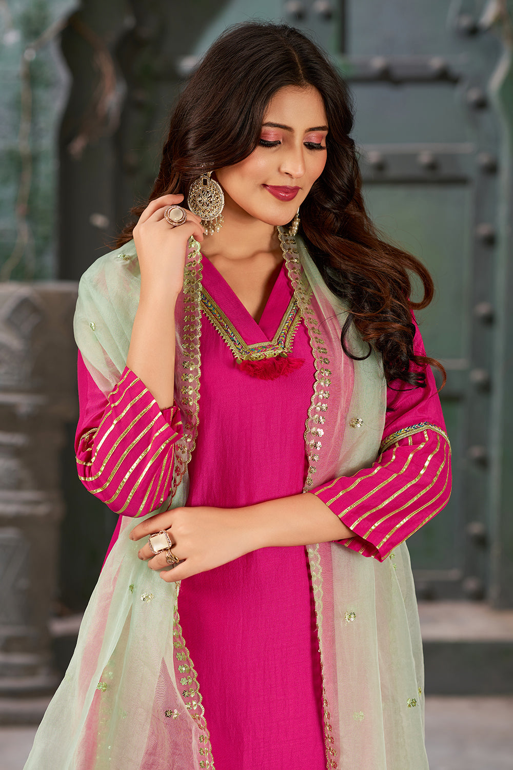 Hot Pink Straight Art Silk Kurta Set with Trousers and Dupatta