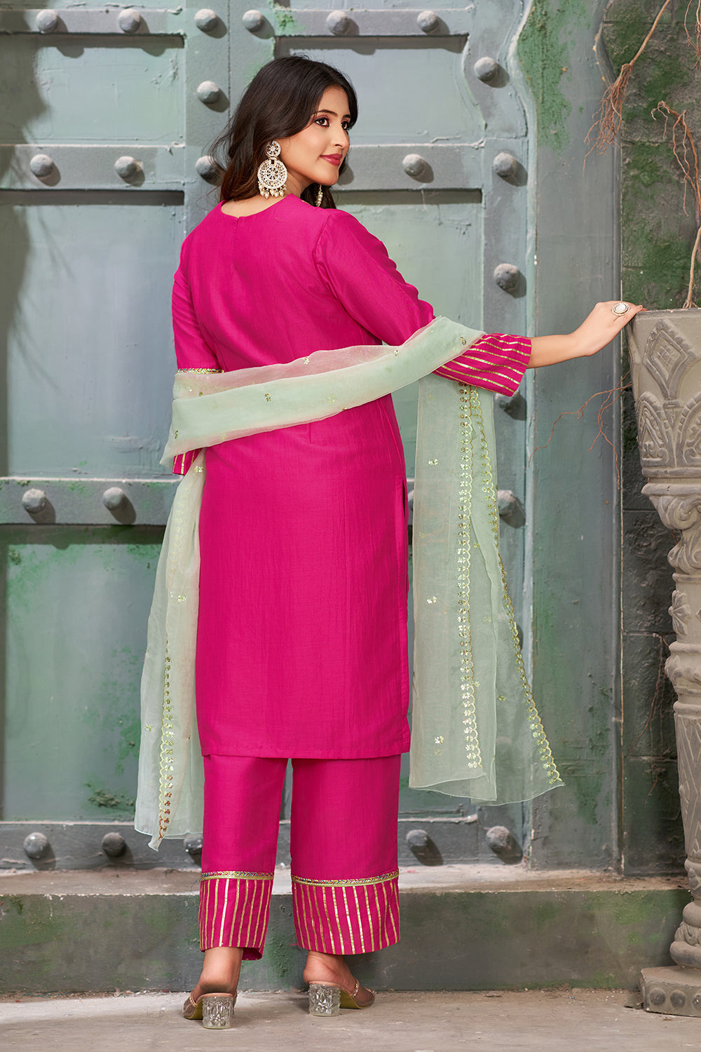 Hot Pink Straight Art Silk Kurta Set with Trousers and Dupatta