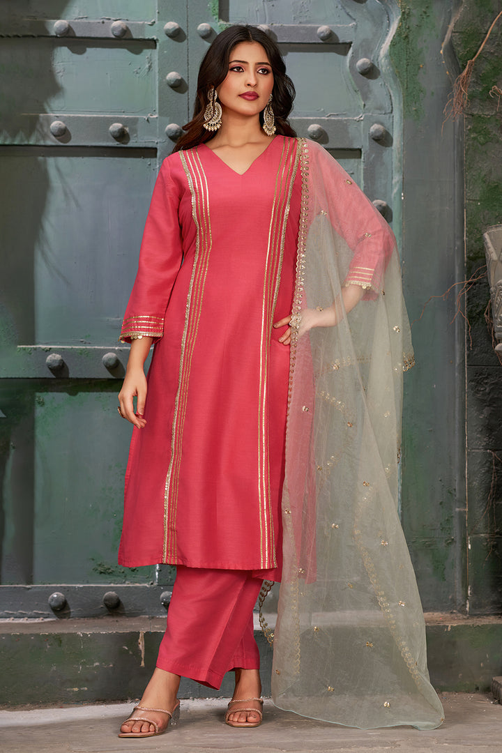 Embroidered Art Silk Rouge Pink Kurta Set with Trousers and Dupatta