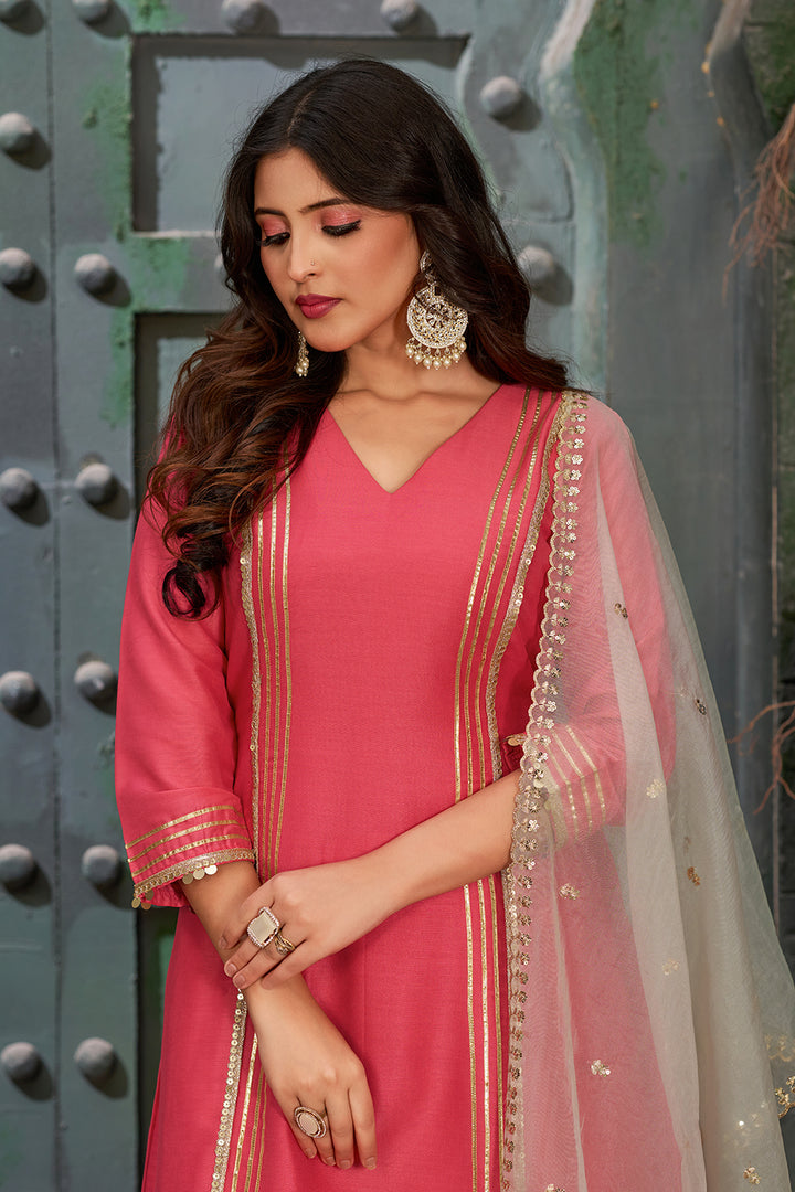 Embroidered Art Silk Rouge Pink Kurta Set with Trousers and Dupatta