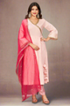 Pink Peach Art Silk Angrakha Neck Kurta Set with Trousers and Dupatta