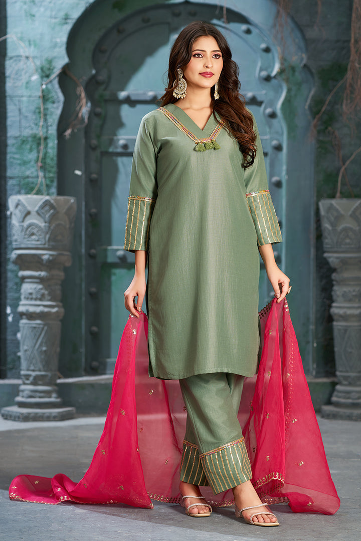 Frog Green Art Silk V-Neck Kurta Set with Trousers and Dupatta