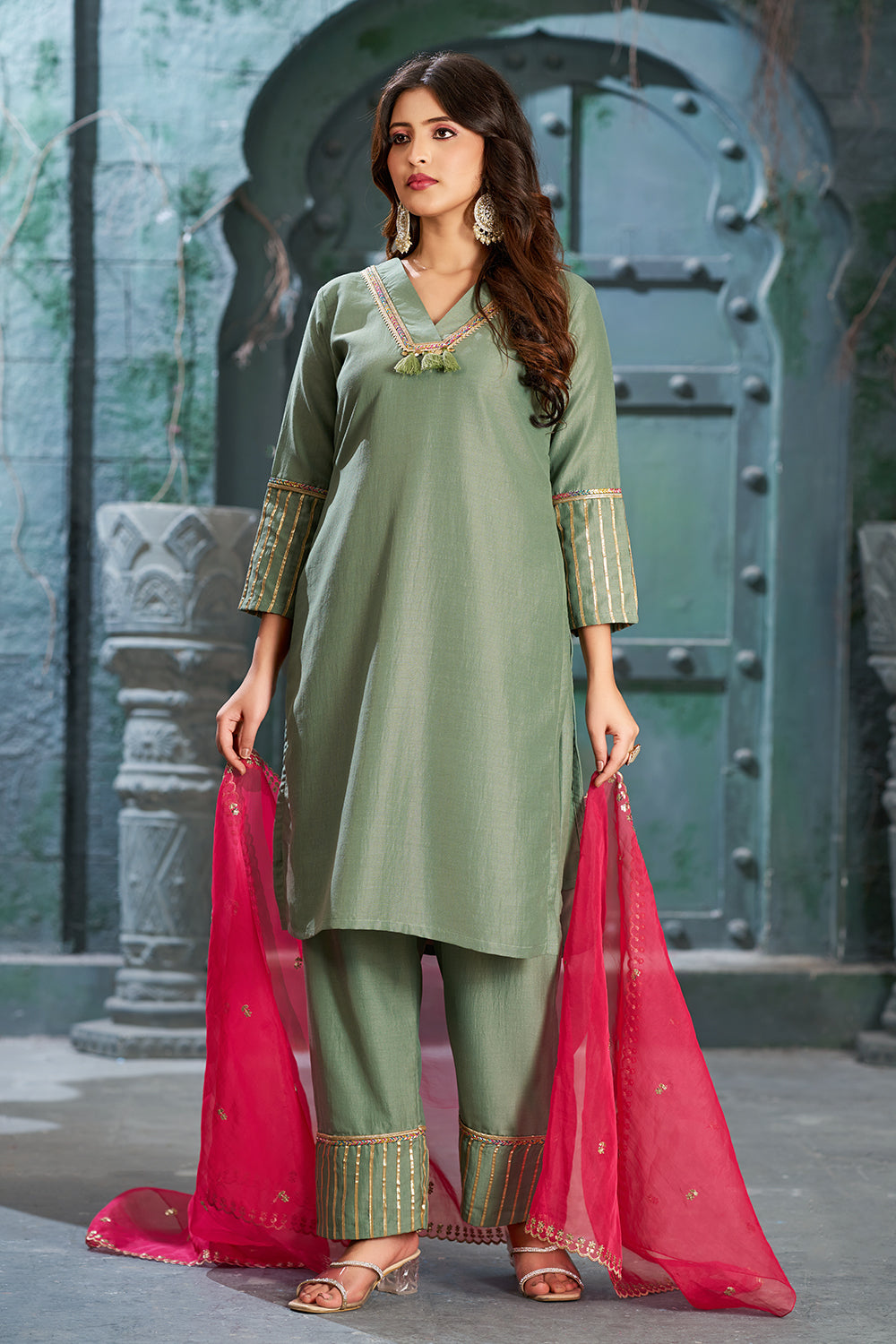 Frog Green Art Silk V-Neck Kurta Set with Trousers and Dupatta