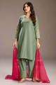 Frog Green Art Silk V-Neck Kurta Set with Trousers and Dupatta