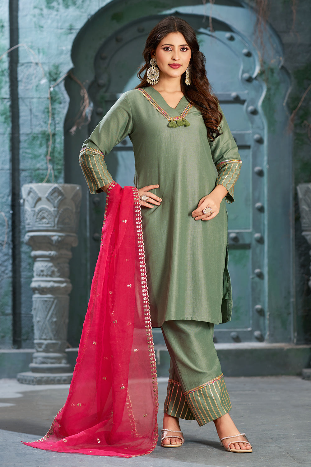 Frog Green Art Silk V-Neck Kurta Set with Trousers and Dupatta