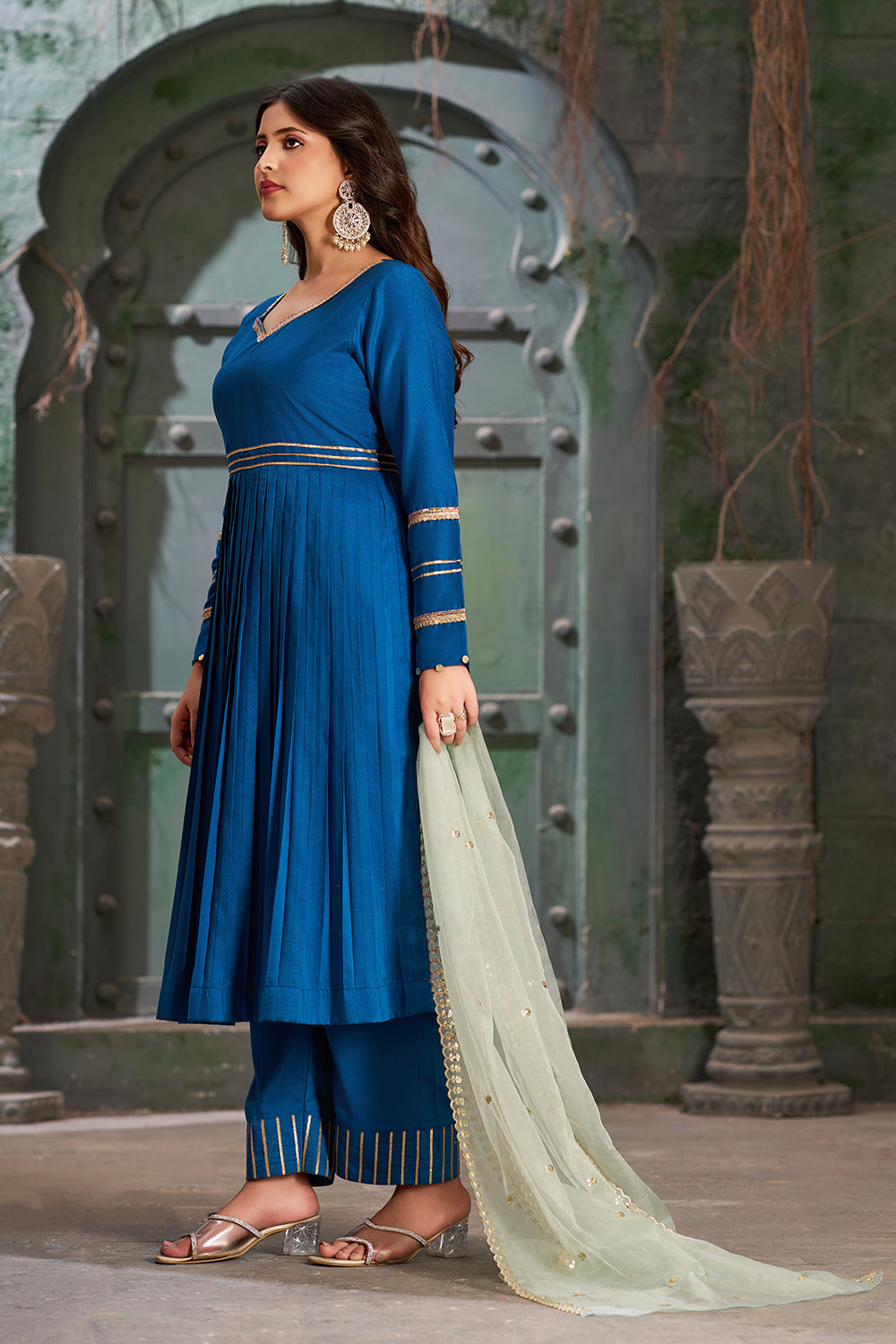 Blue Flared Anarkali Kurta Set with Trousers and Dupatta