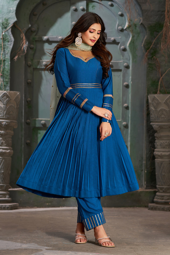 Blue Flared Anarkali Kurta Set with Trousers and Dupatta