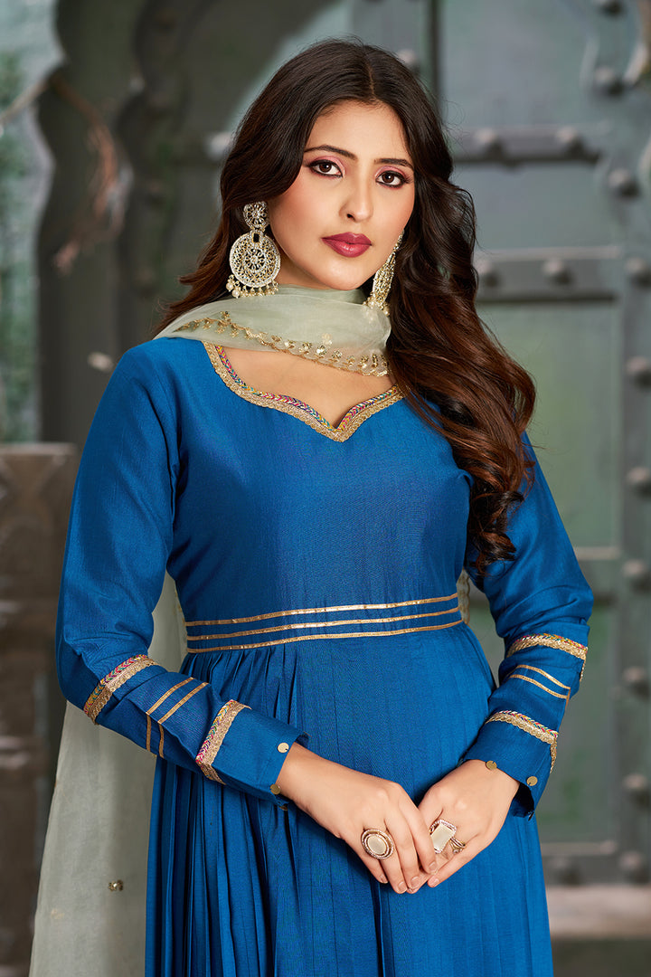 Blue Flared Anarkali Kurta Set with Trousers and Dupatta