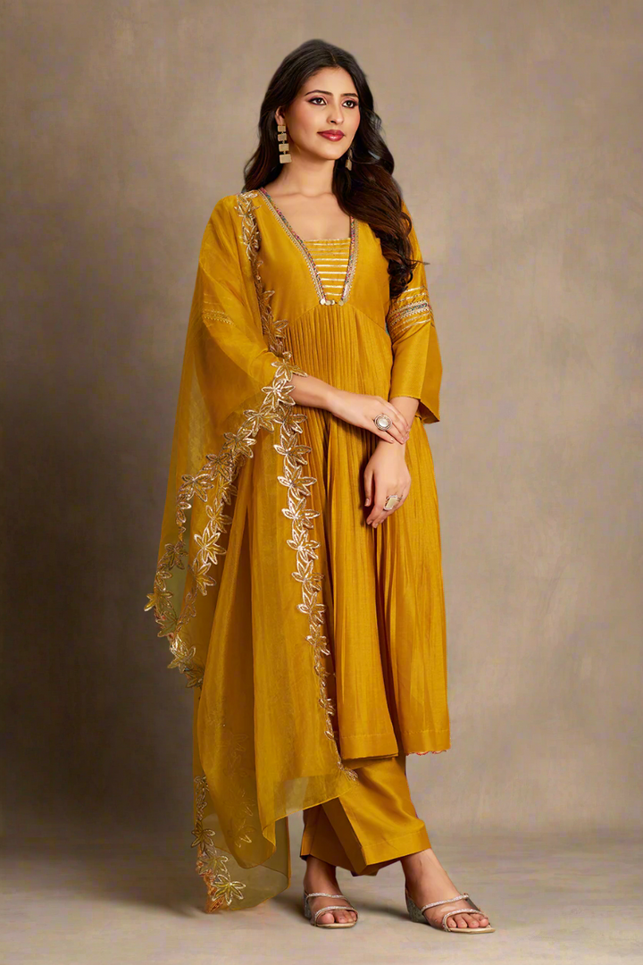 Mustard Alia Cut Anarkali Art Silk Kurta Set with Trousers and Dupatta