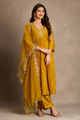 Mustard Alia Cut Anarkali Art Silk Kurta Set with Trousers and Dupatta