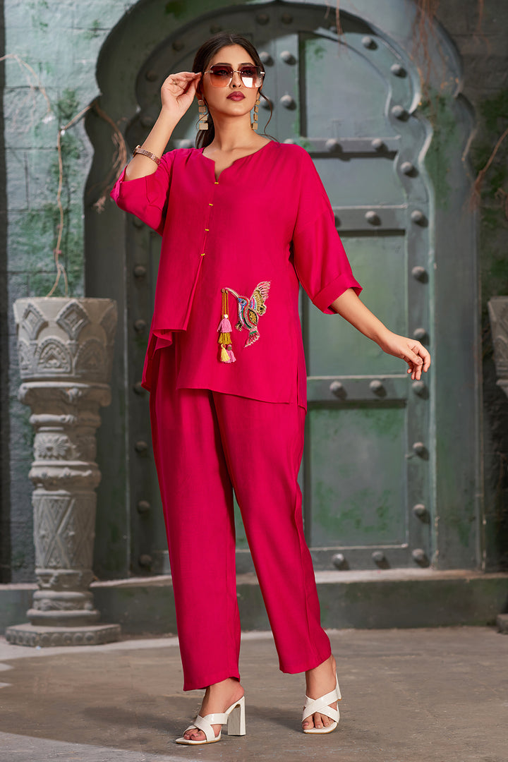 Hot Pink Silk Cotton Round V-Neck Co-Ord Set