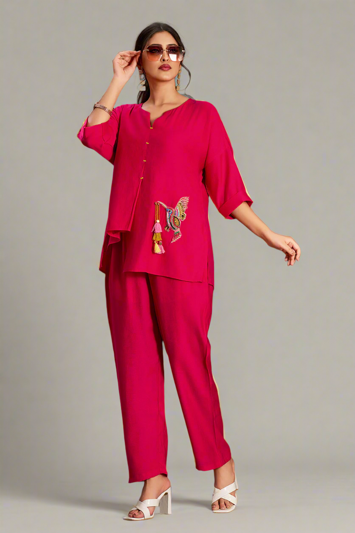 Hot Pink Silk Cotton Round V-Neck Co-Ord Set