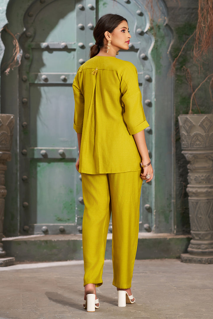 Atomic Yellow Asymmetric Silk Cotton Co-Ord Set