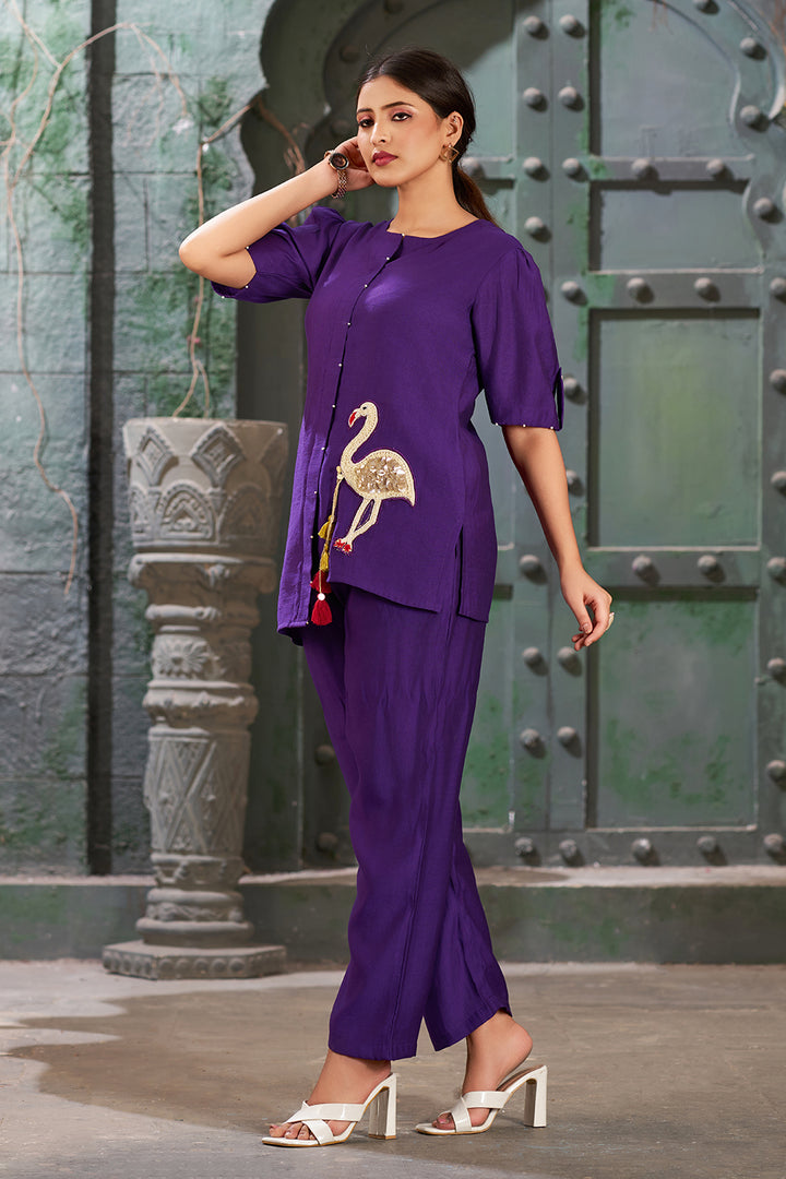 Purple Silk Cotton Solid Asymmetric Co-Ord Set