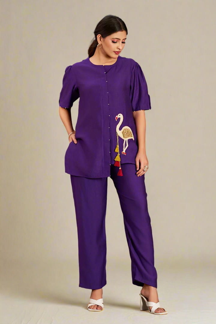 Purple Silk Cotton Solid Asymmetric Co-Ord Set