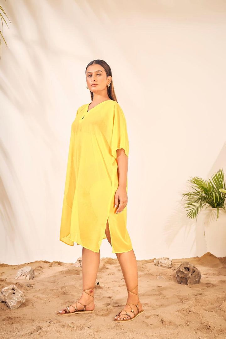 Beach Wear V Neck Yellow Kaftan Cover Up Dress - Curvy Lane