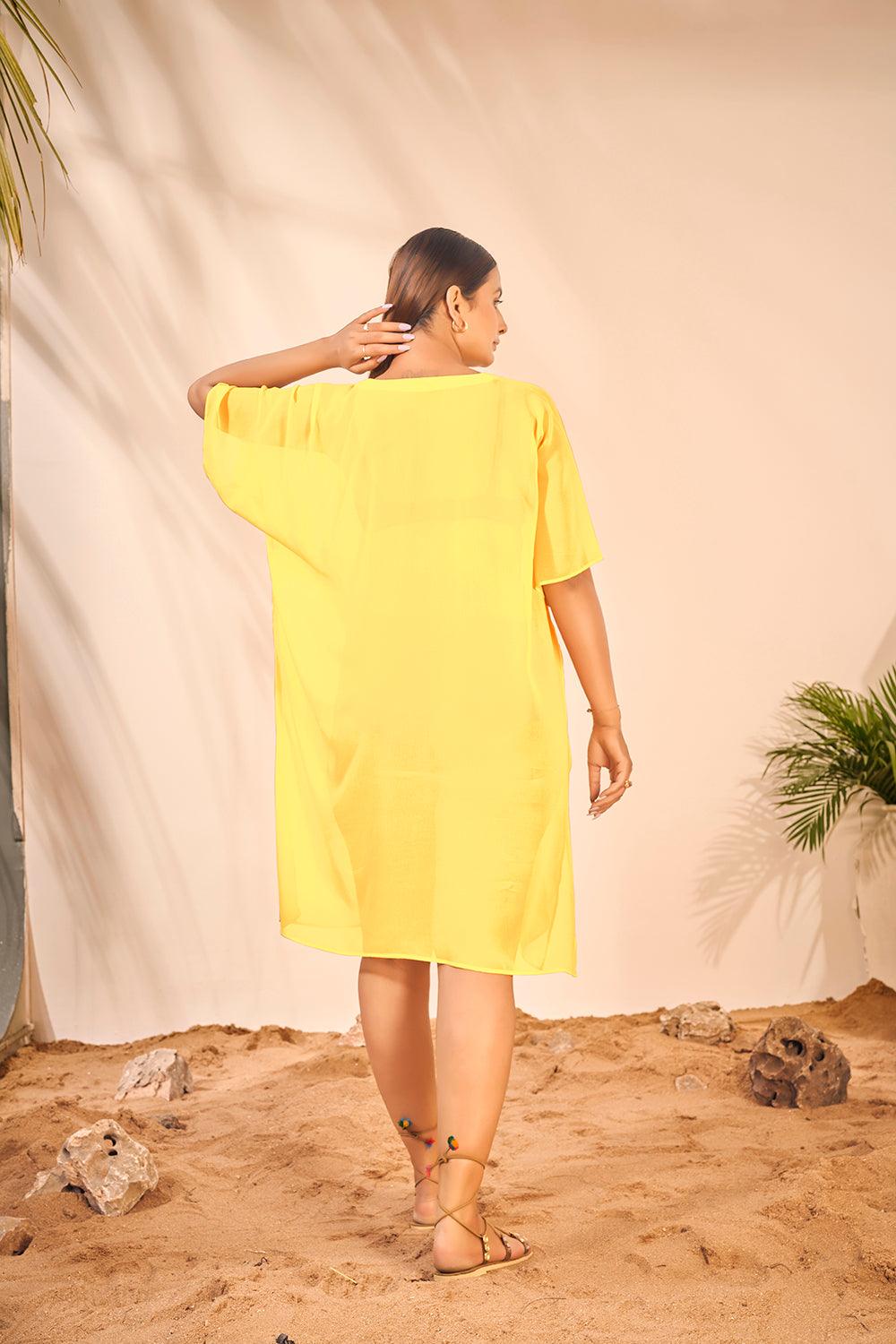 Beach Wear V Neck Yellow Kaftan Cover Up Dress - Curvy Lane